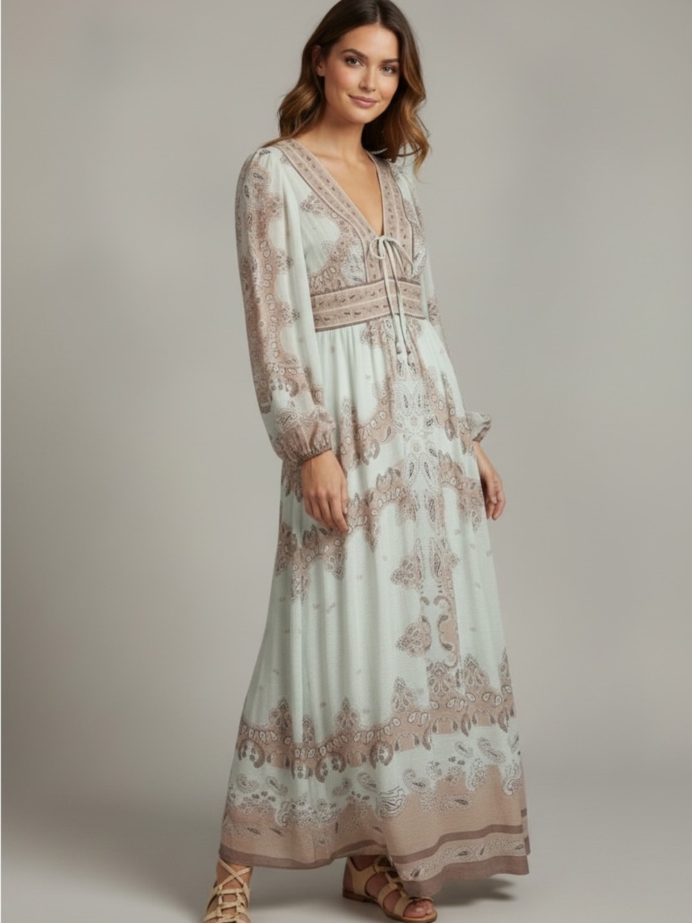 House of Harlow 1960 Mint and Taupe Linen Blend Boho V-Neck Maxi Dress